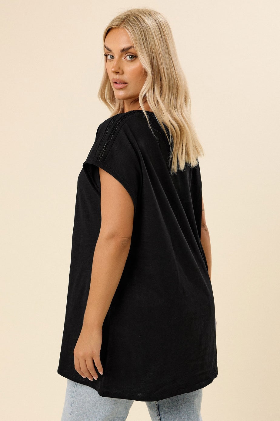 Yours Curve Black Crochet Trim Detail T-Shirt