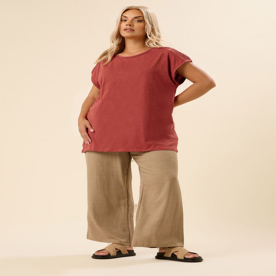 Yours Curve Rust Orange Crochet Trim Detail T-Shirt