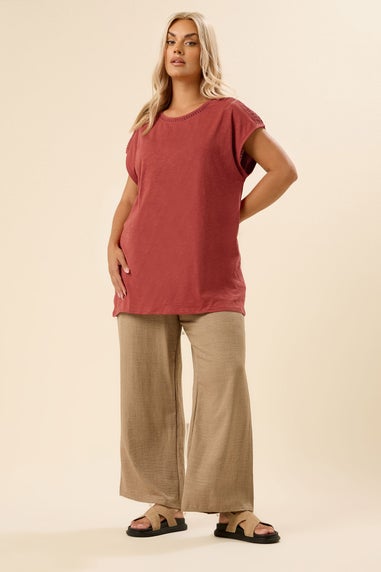 Yours Curve Rust Orange Crochet Trim Detail T-Shirt