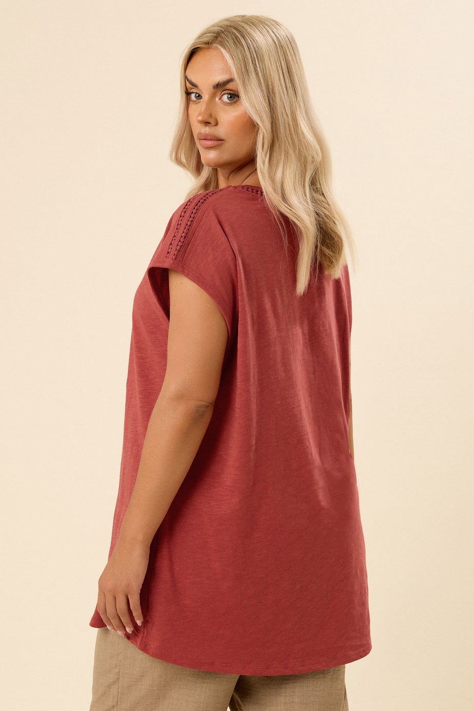 Yours Curve Rust Orange Crochet Trim Detail T-Shirt