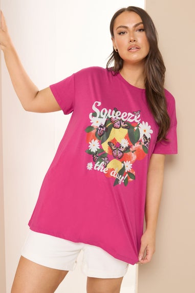 Yours Curve Pink Squeeze The Day Lemon Graphic Print T-Shirt