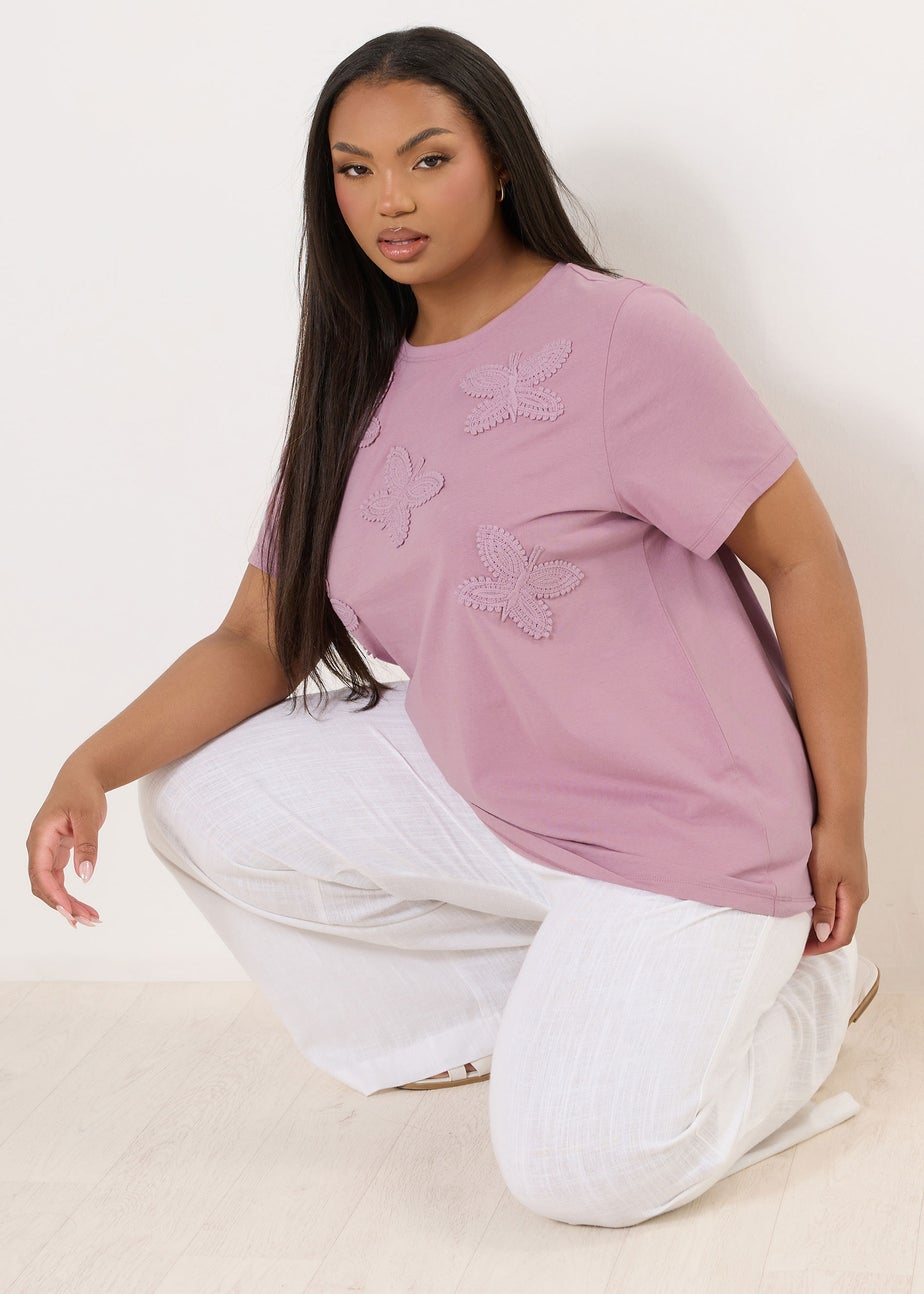 Yours Curve Pink Applique Butterfly T-Shirt