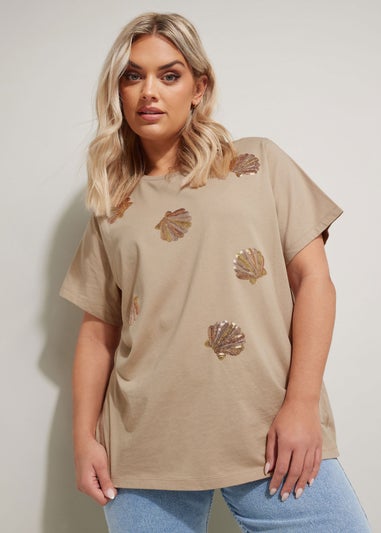 Yours Curve Natural Brown Sequin Embellished Shell T-Shirt