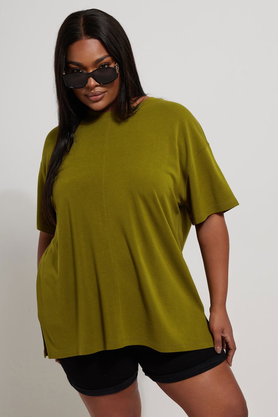 Yours Curve Olive Green Heavyweight Oversized T-Shirt