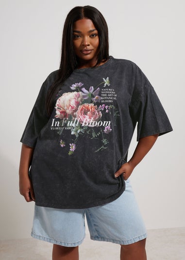 Yours Curve Grey In Full Bloom Acid Wash Oversized T-Shirt