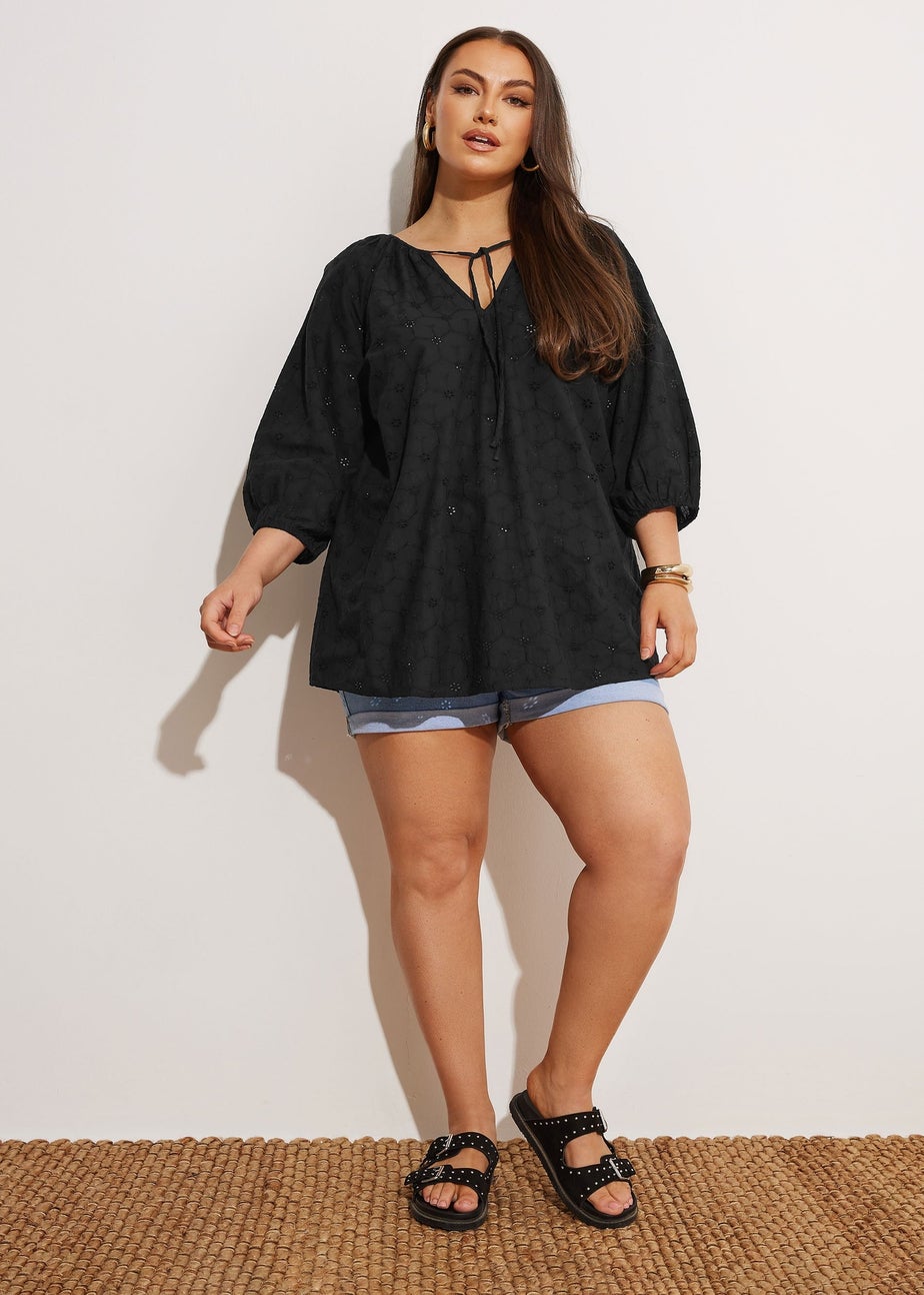 Yours Curve Black Floral Broderie Anglaise Tie Front Top