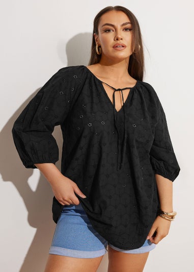 Yours Curve Black Floral Broderie Anglaise Tie Front Top