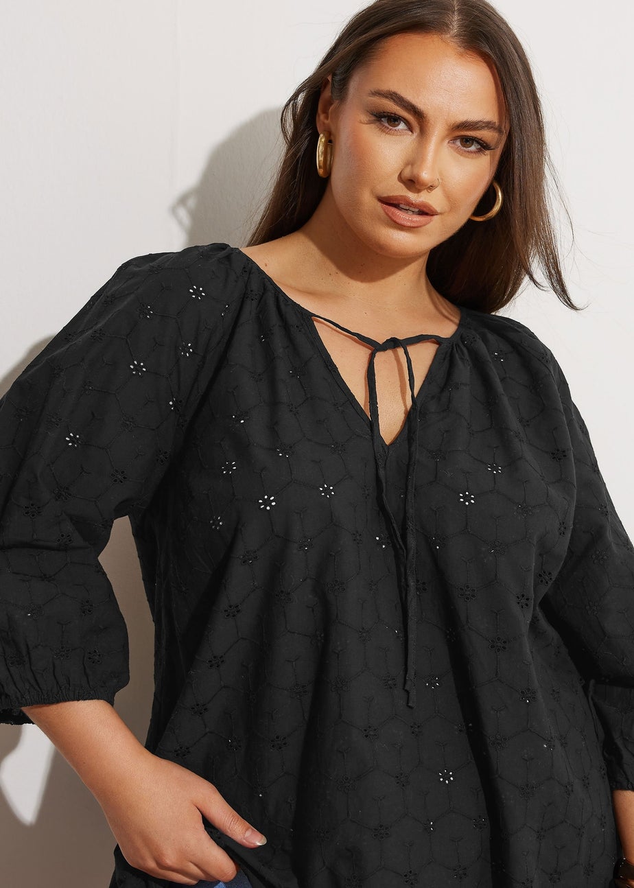 Yours Curve Black Floral Broderie Anglaise Tie Front Top