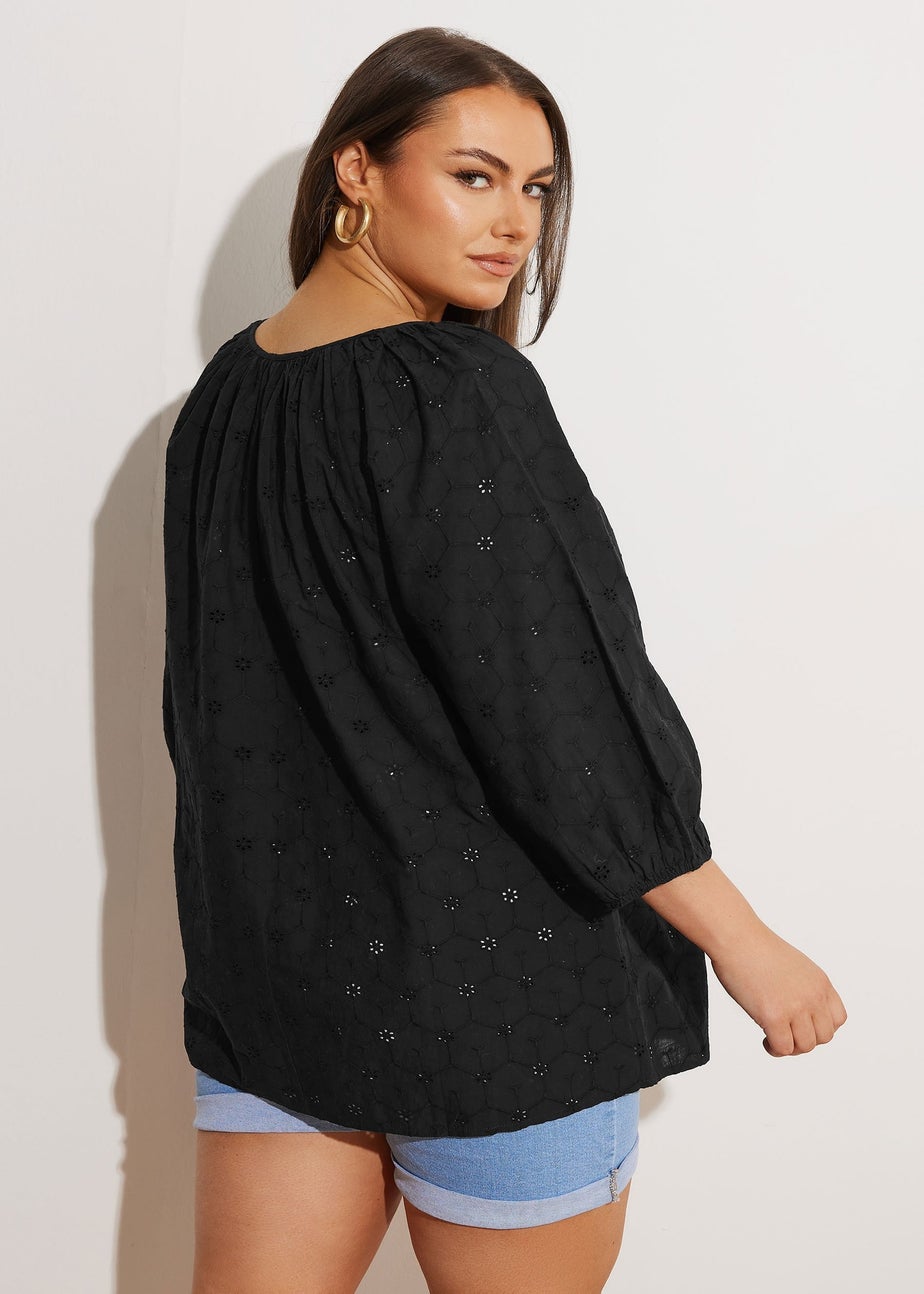 Yours Curve Black Floral Broderie Anglaise Tie Front Top