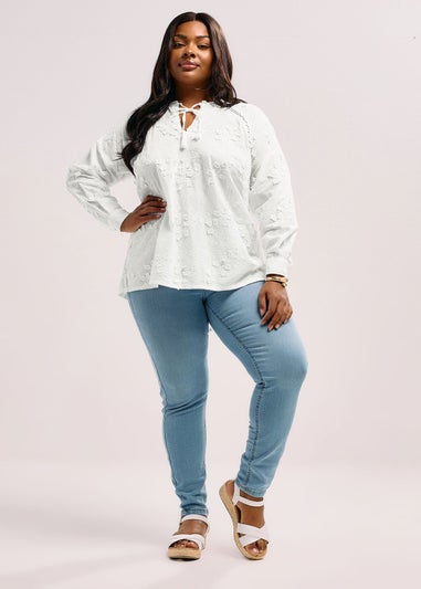 YOURS Curve White Floral Embroidered Tie Neck Blouse