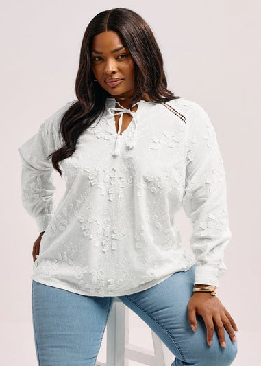 YOURS Curve White Floral Embroidered Tie Neck Blouse