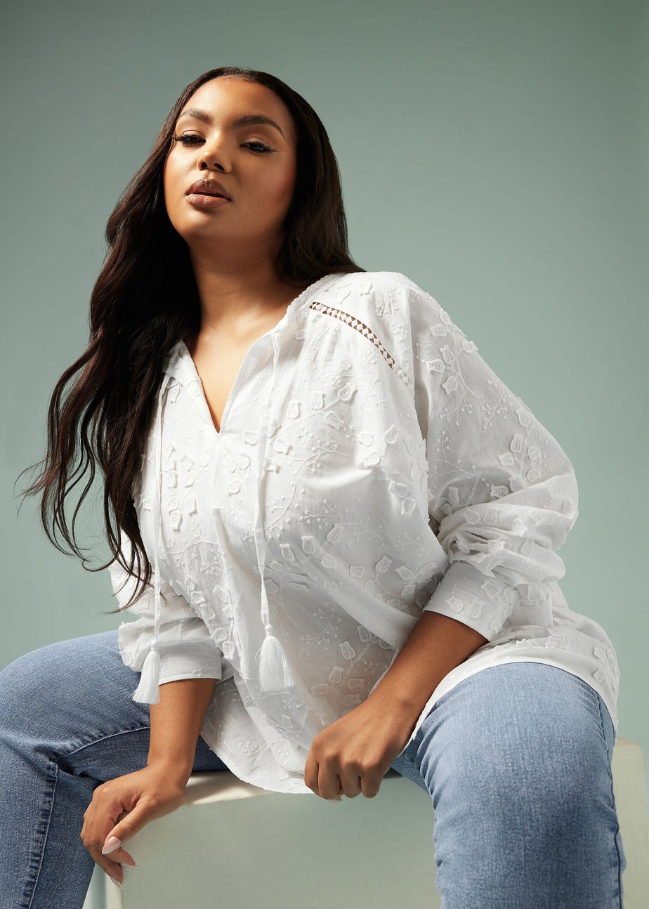 YOURS Curve White Floral Embroidered Tie Neck Blouse