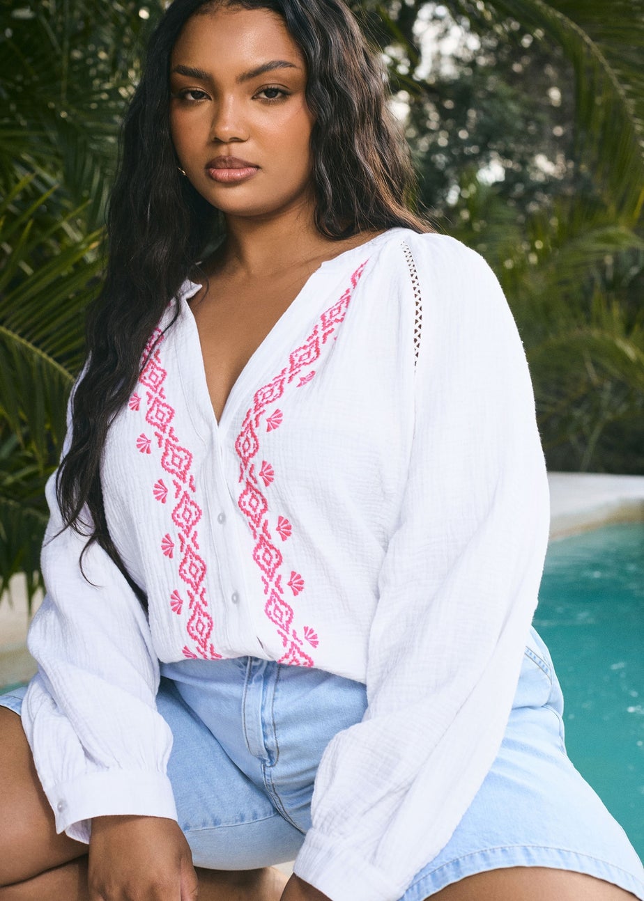 YOURS Curve White Embroidered Cheesecloth Shirt