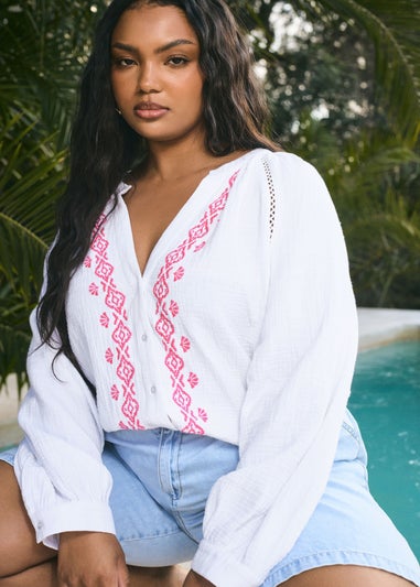 YOURS Curve White Embroidered Cheesecloth Shirt