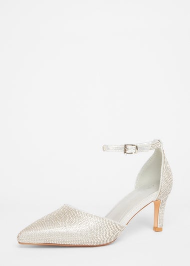 Quiz Silver Wide Fit Diamante Court Heels