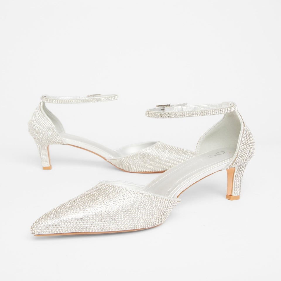 Quiz Silver Wide Fit Diamante Court Heels