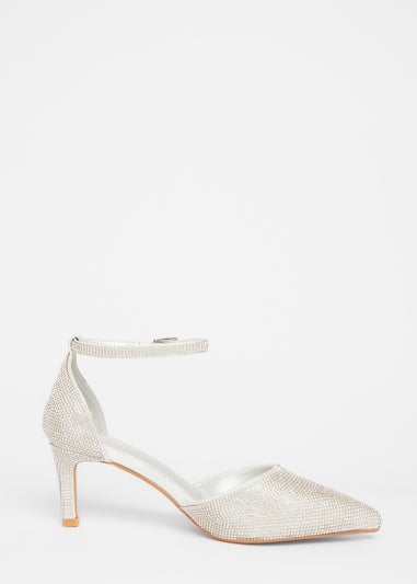 Quiz Silver Wide Fit Diamante Court Heels