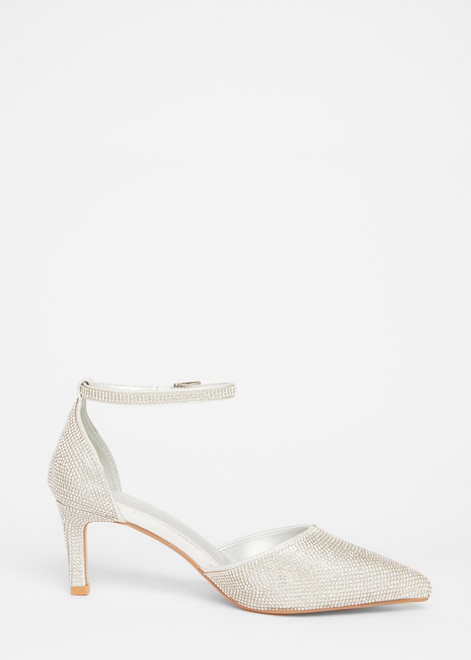 Quiz Silver Wide Fit Diamante Court Heels