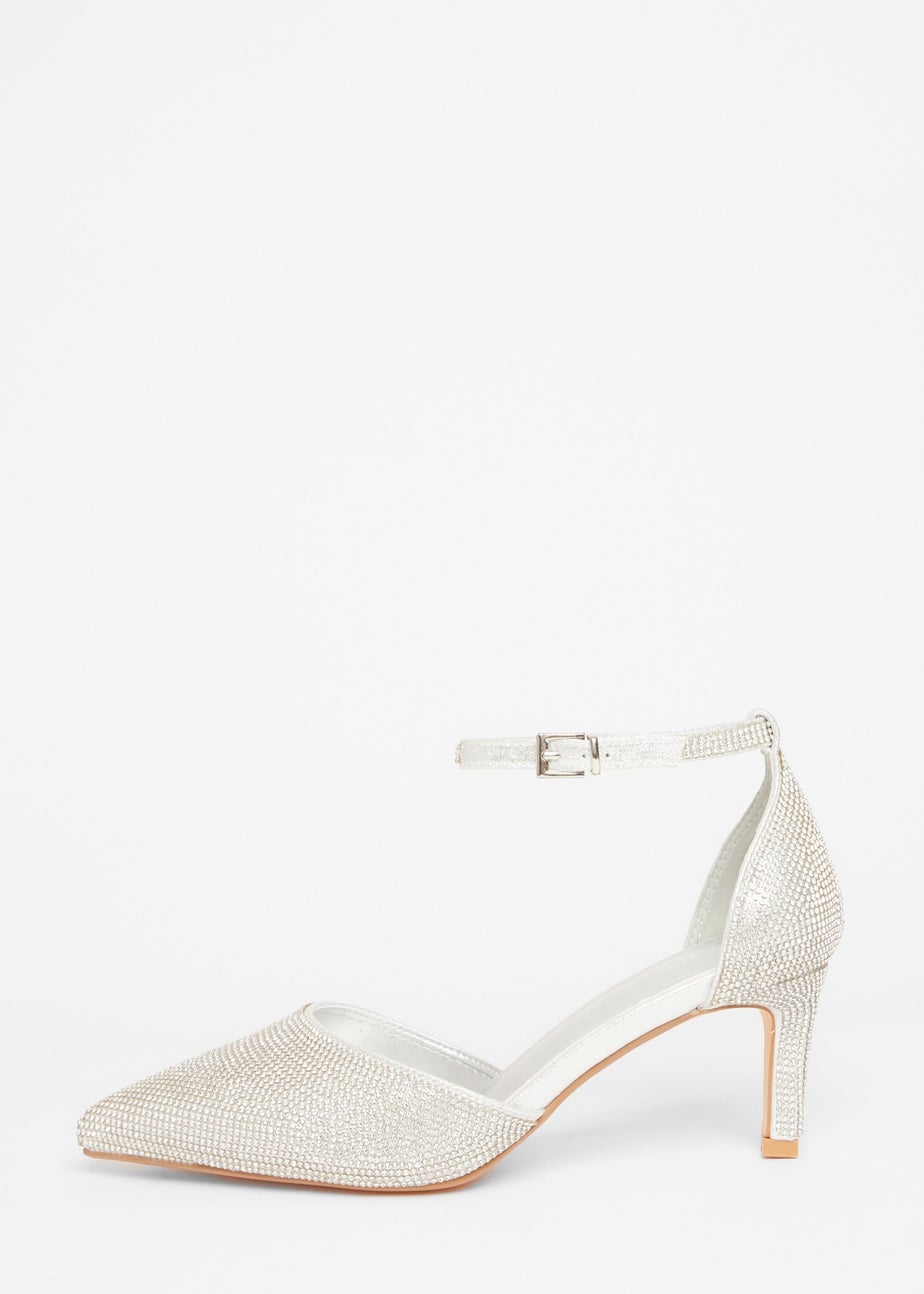 Quiz Silver Wide Fit Diamante Court Heels