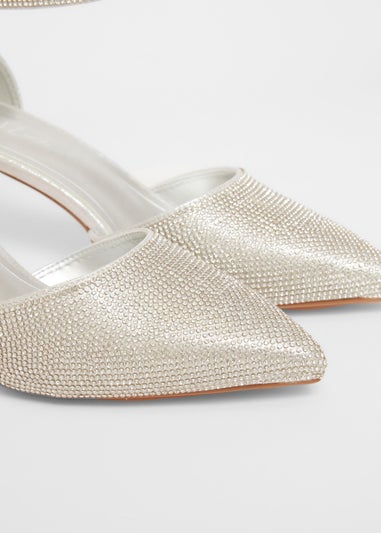Quiz Silver Wide Fit Diamante Court Heels