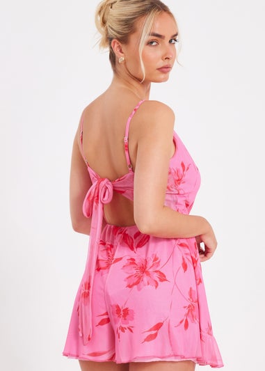 Quiz Pink Mesh Floral Playsuit
