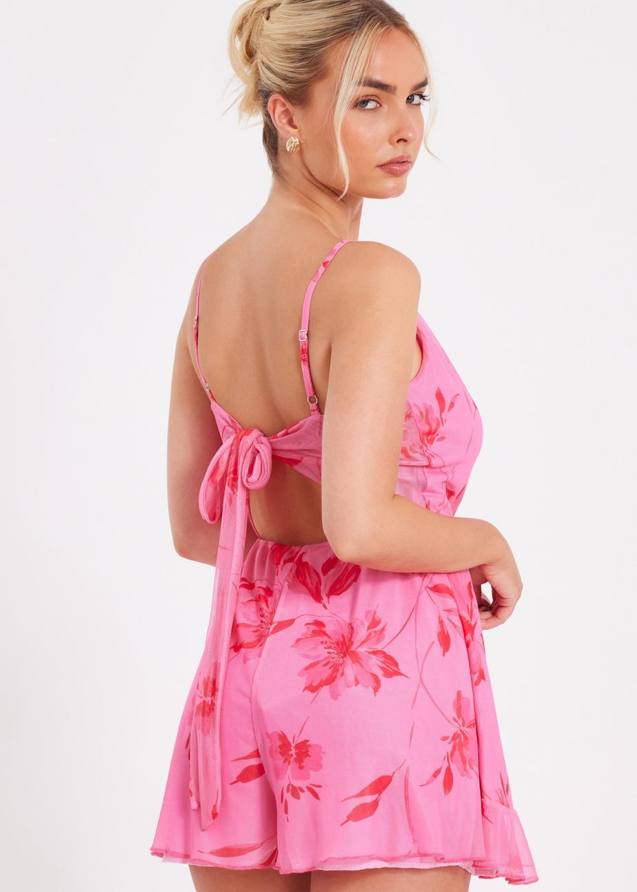 Quiz Pink Mesh Floral Playsuit