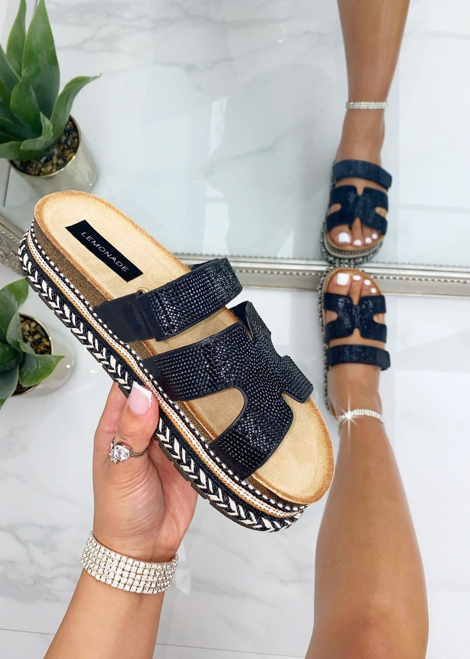 Love Lemonade Black Crystal Luxe Double Strap Sliders