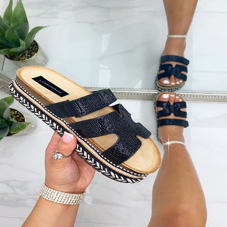 Love Lemonade Black Crystal Luxe Double Strap Sliders