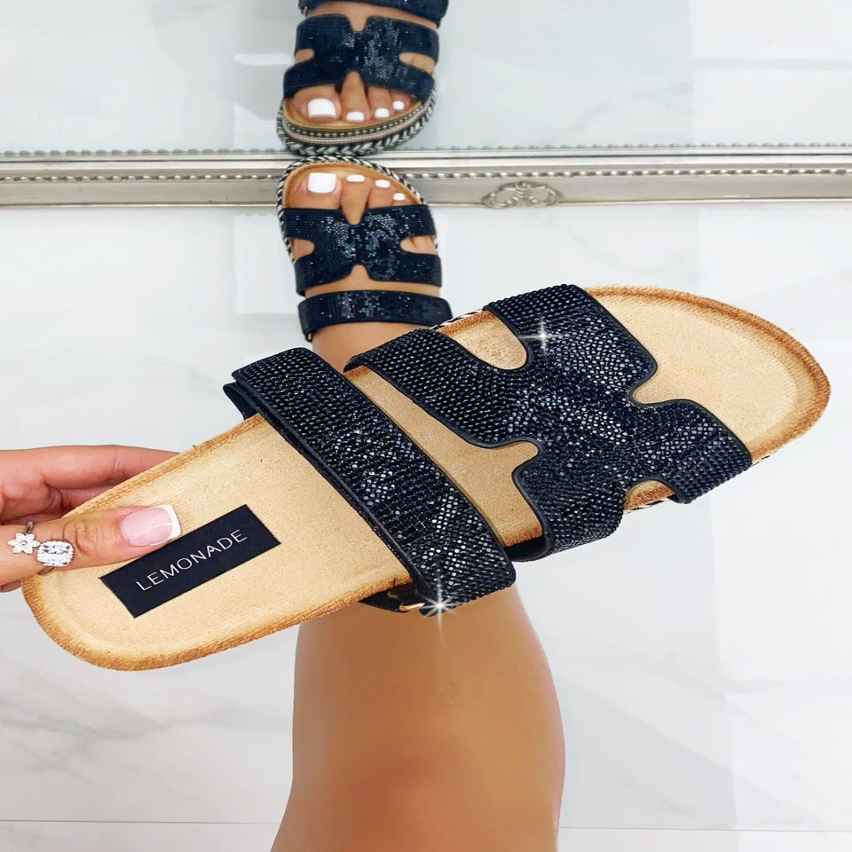 Love Lemonade Black Crystal Luxe Double Strap Sliders