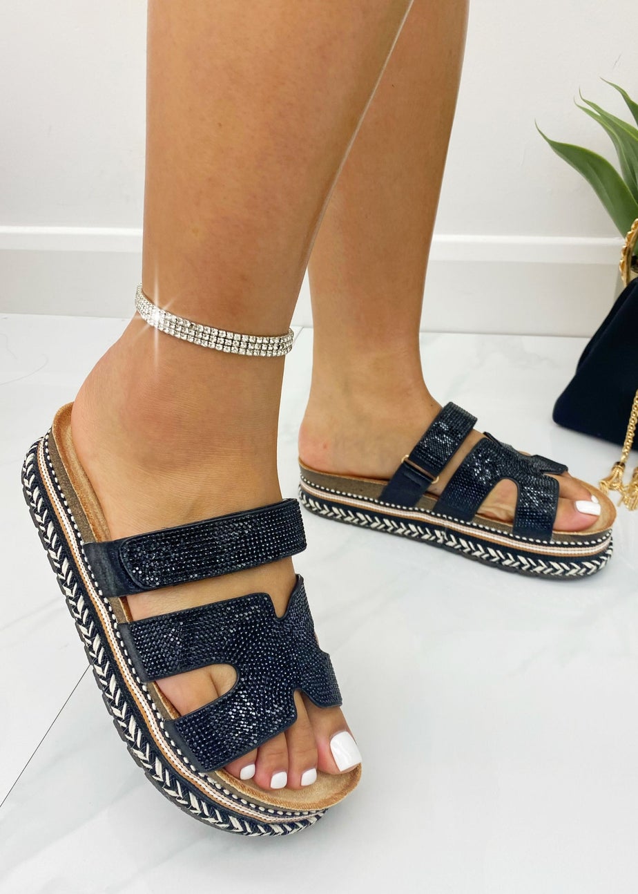 Love Lemonade Black Crystal Luxe Double Strap Sliders
