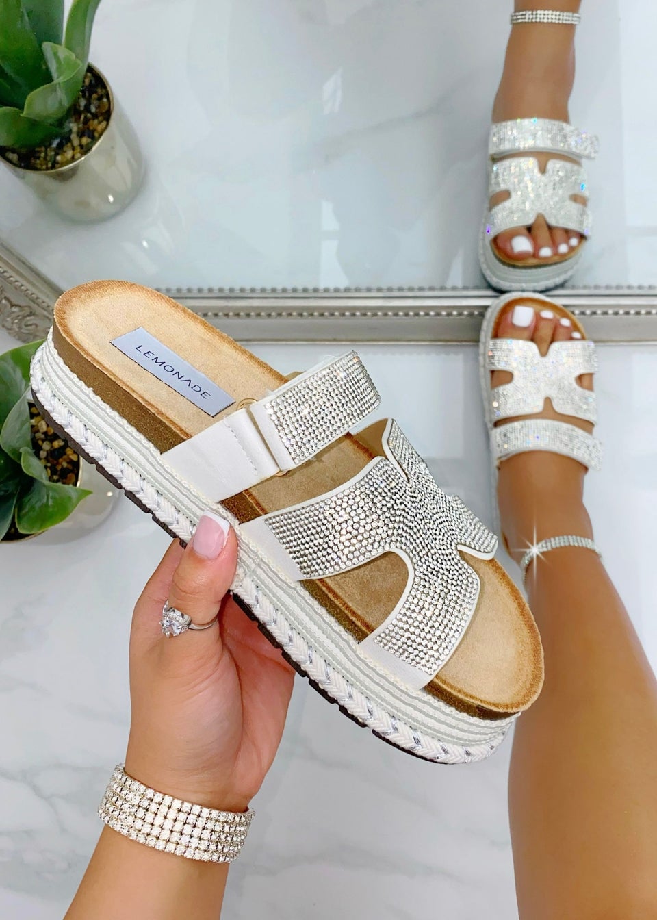 Love Lemonade Silver Crystal Luxe Double Strap Sliders