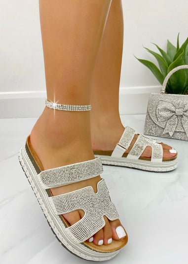Love Lemonade Silver Crystal Luxe Double Strap Sliders