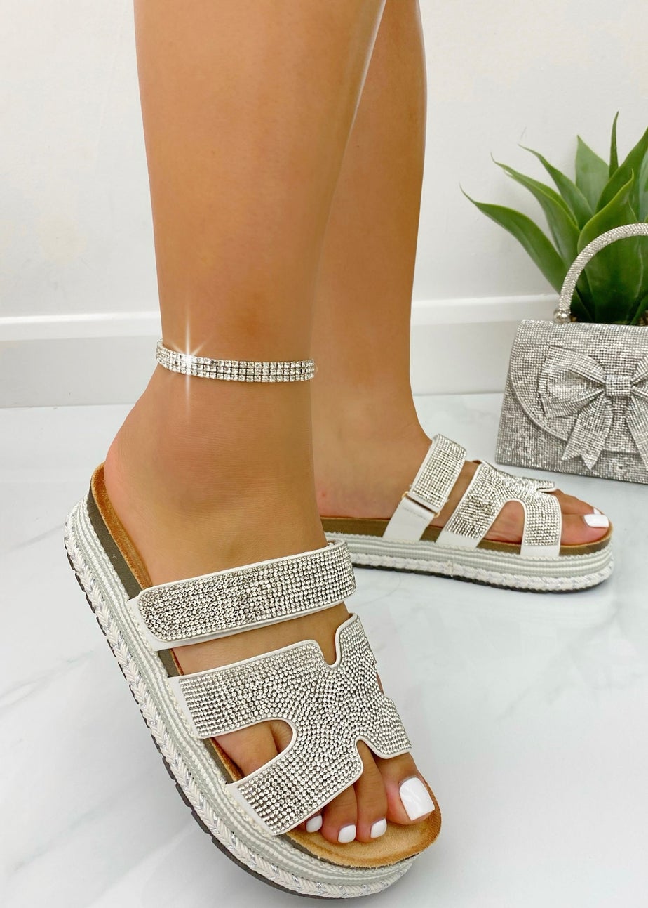 Love Lemonade Silver Crystal Luxe Double Strap Sliders