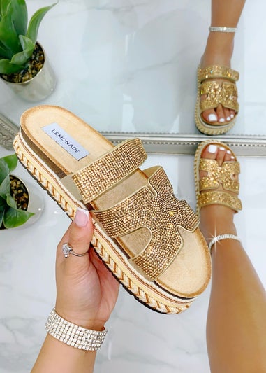 Love Lemonade Rose Gold Crystal Luxe Double Strap Sliders