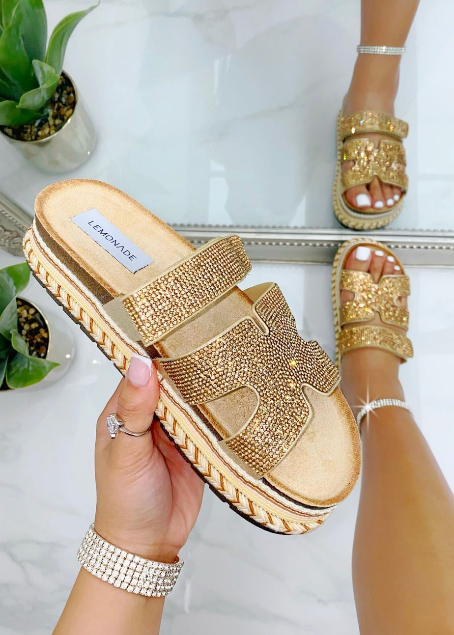 Love Lemonade Rose Gold Crystal Luxe Double Strap Sliders