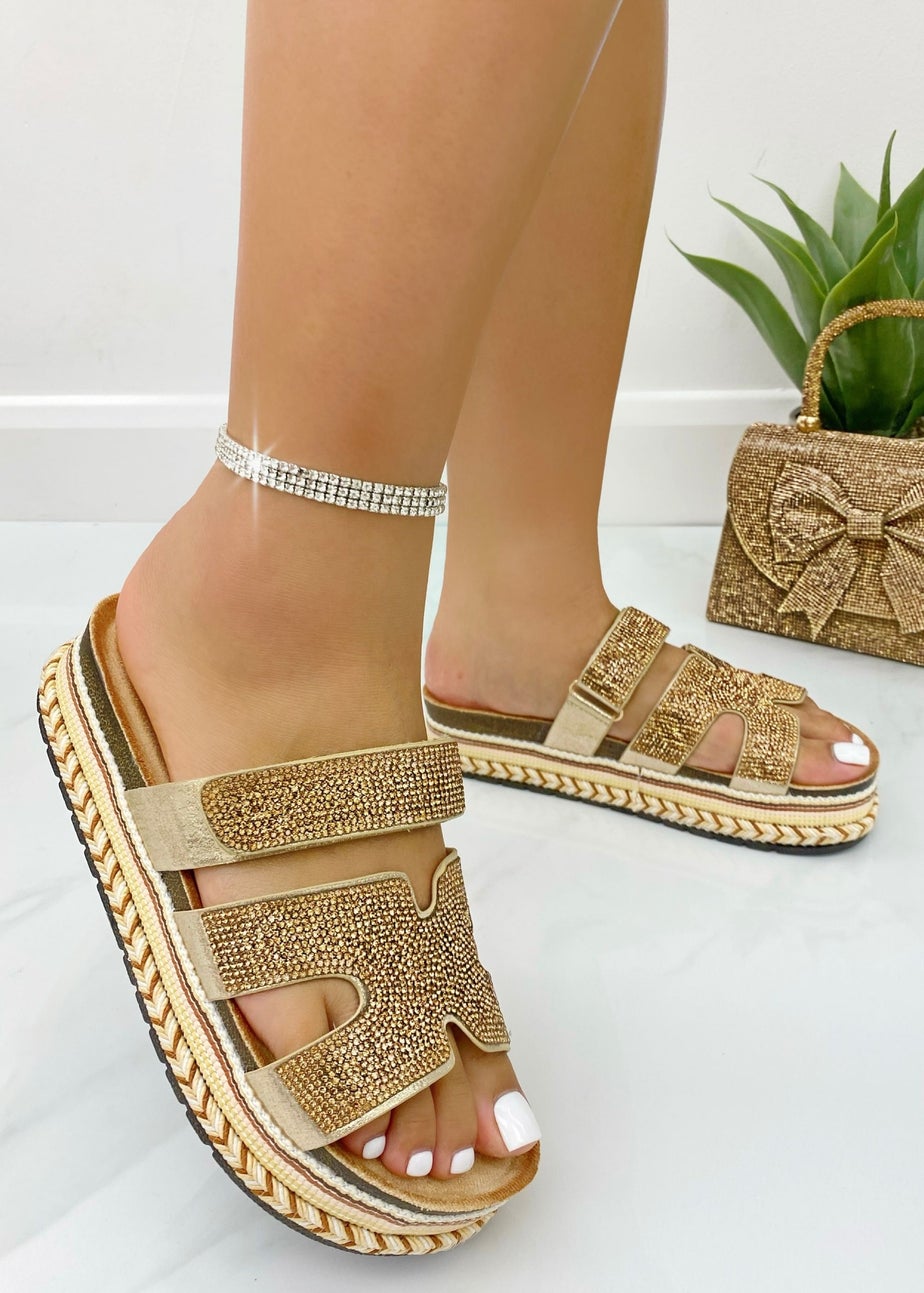 Love Lemonade Rose Gold Crystal Luxe Double Strap Sliders