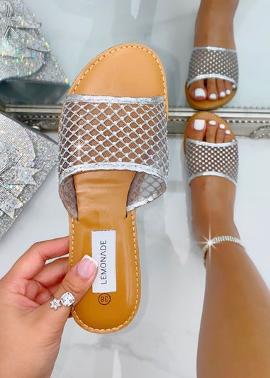 Love Lemonade Silver Crystal Gem Mesh Sliders