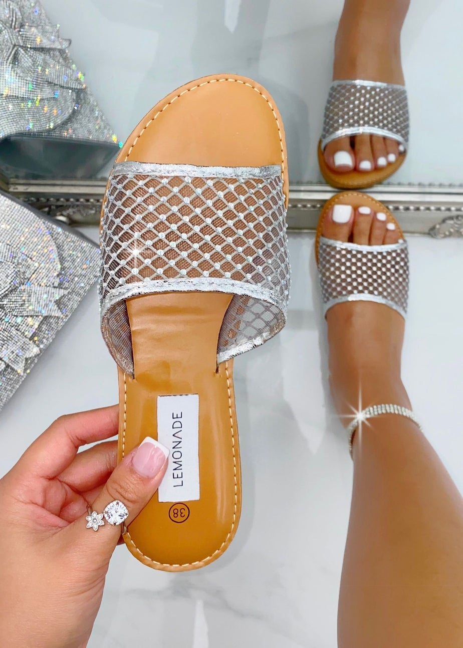 Love Lemonade Silver Crystal Gem Mesh Sliders