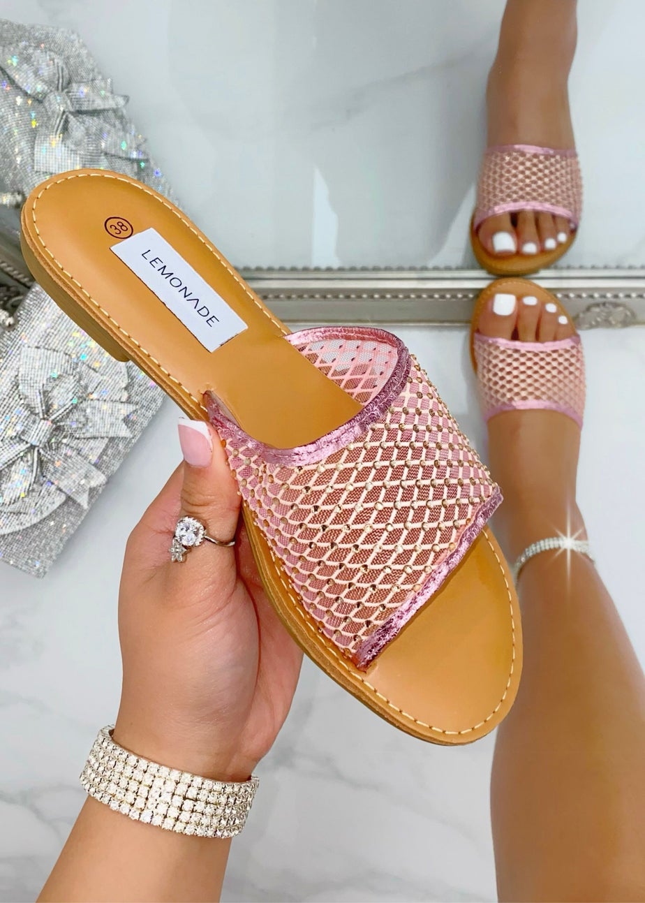 Love Lemonade Pink Crystal Gem Mesh Sliders