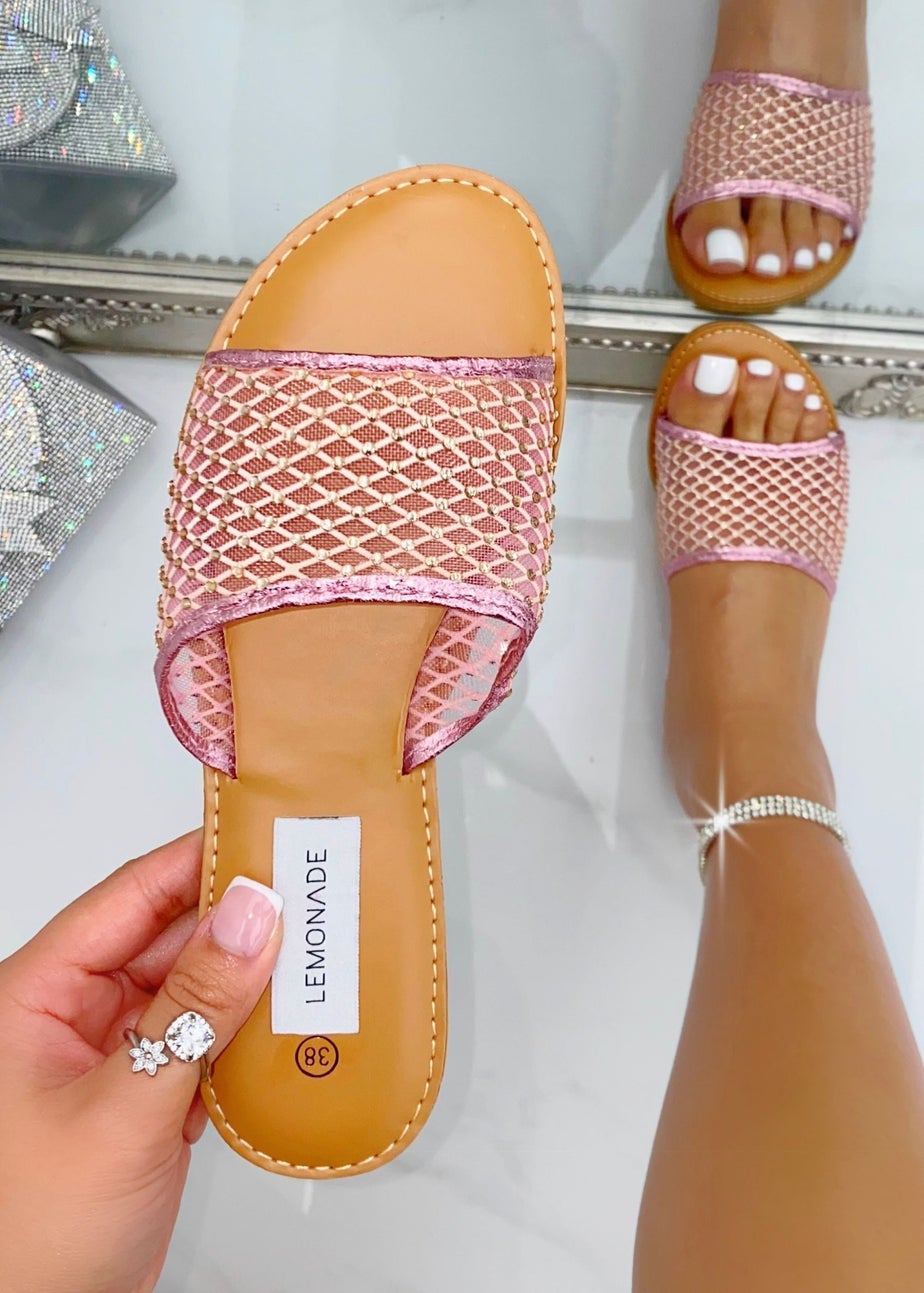 Love Lemonade Pink Crystal Gem Mesh Sliders
