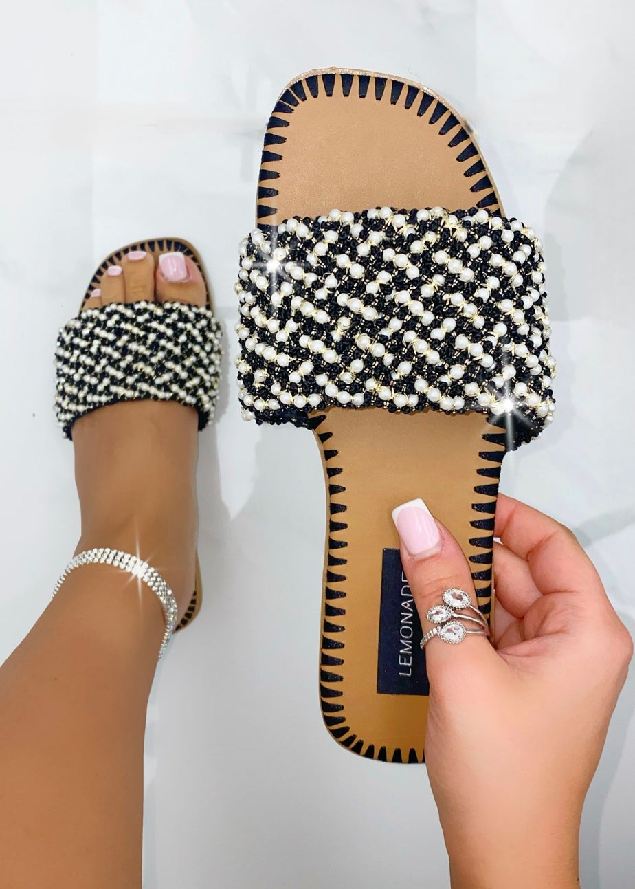 Love Lemonade Black Sparkly Deluxe Dainty Pearl Sliders