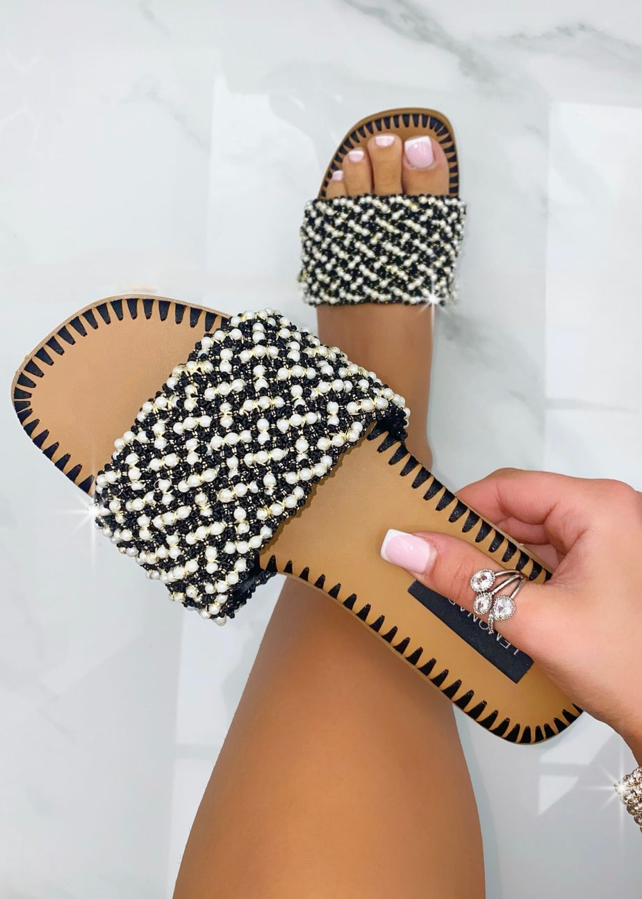 Love Lemonade Black Sparkly Deluxe Dainty Pearl Sliders