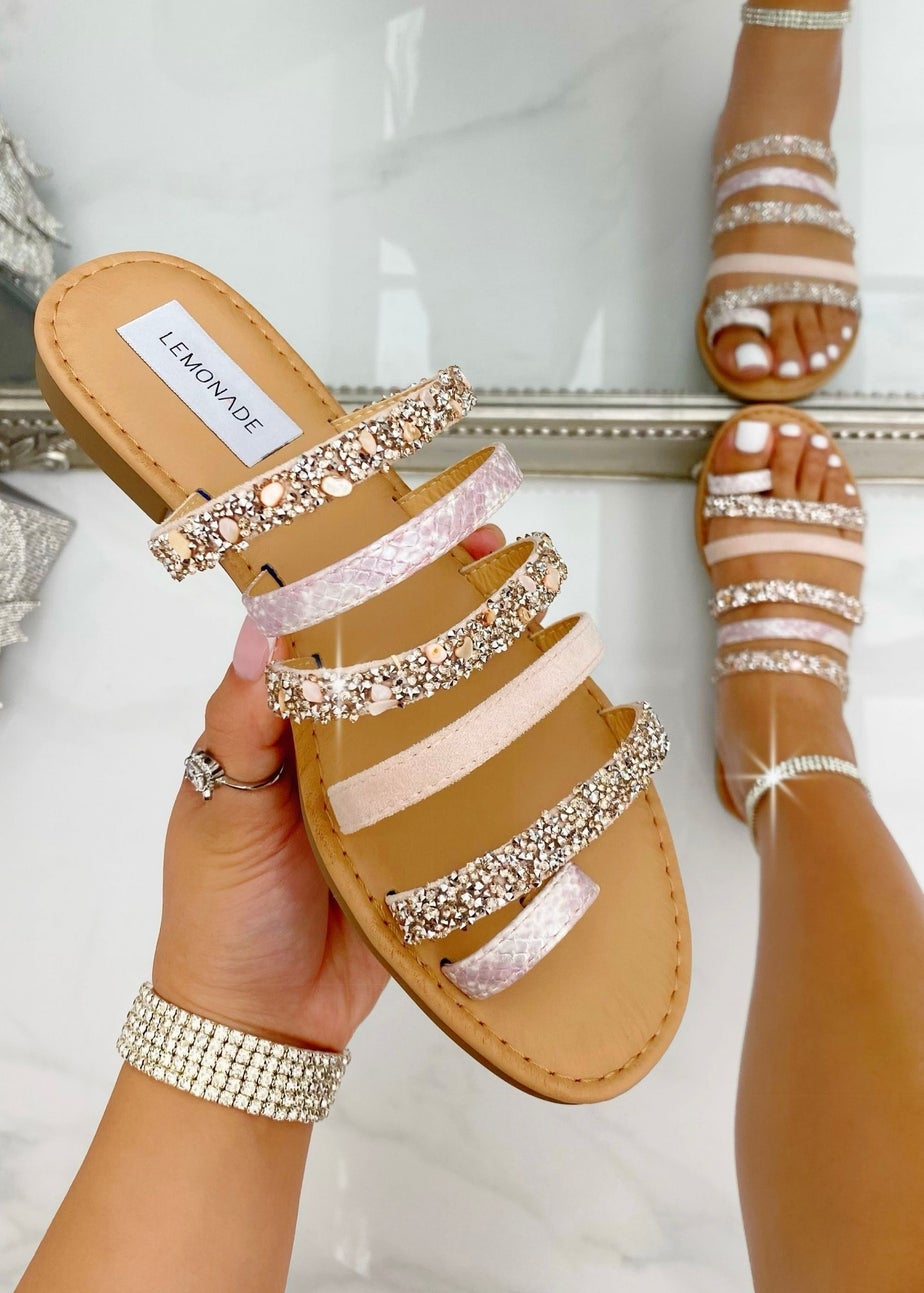 Love Lemonade Pink Crystal Glam Wrap Toe Sliders