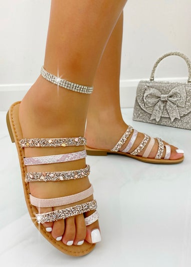 Love Lemonade Pink Crystal Glam Wrap Toe Sliders