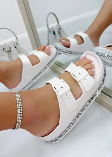 Love Lemonade White Crystal Trim Lightweight Double Strap Sliders