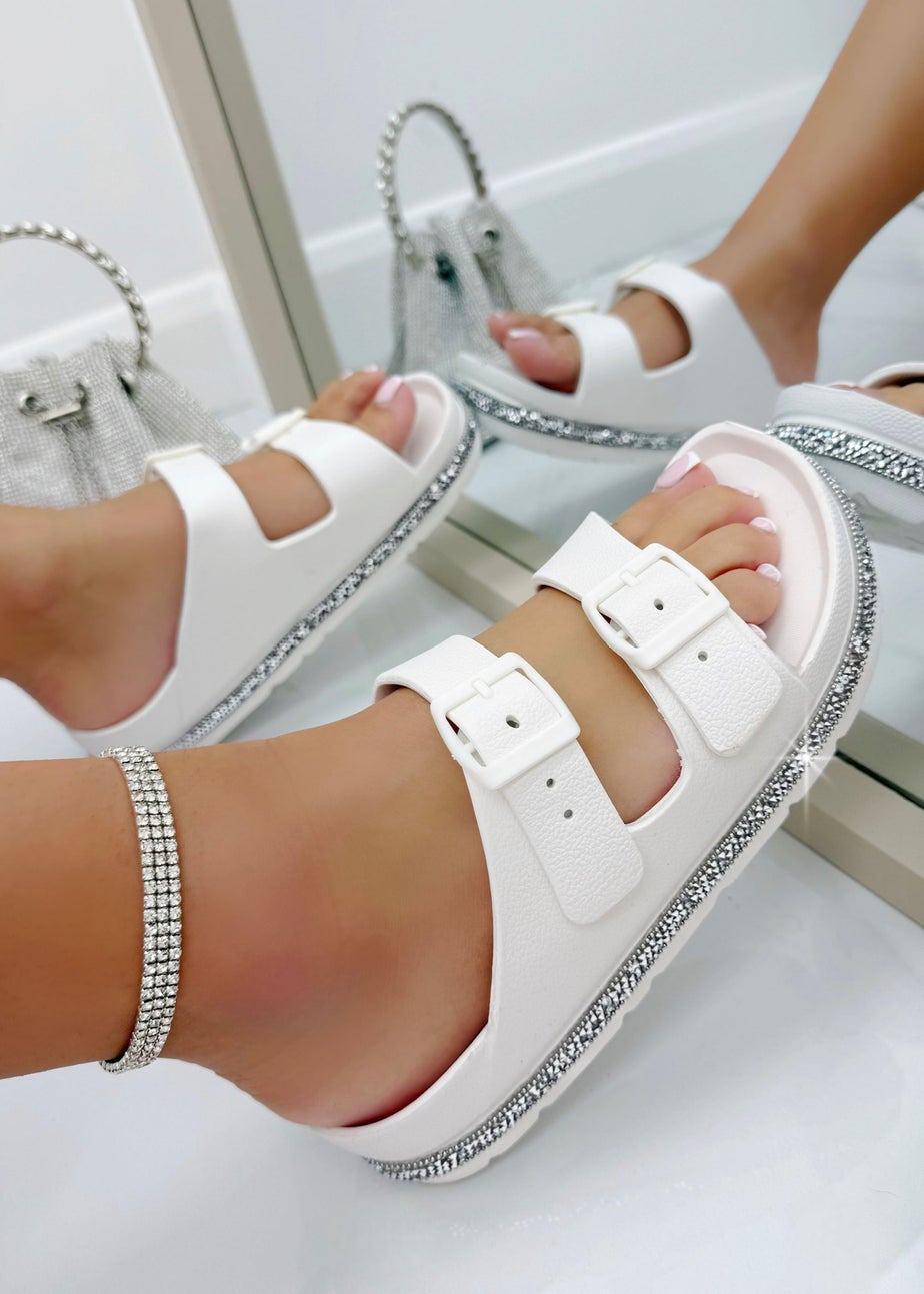 Love Lemonade White Crystal Trim Lightweight Double Strap Sliders