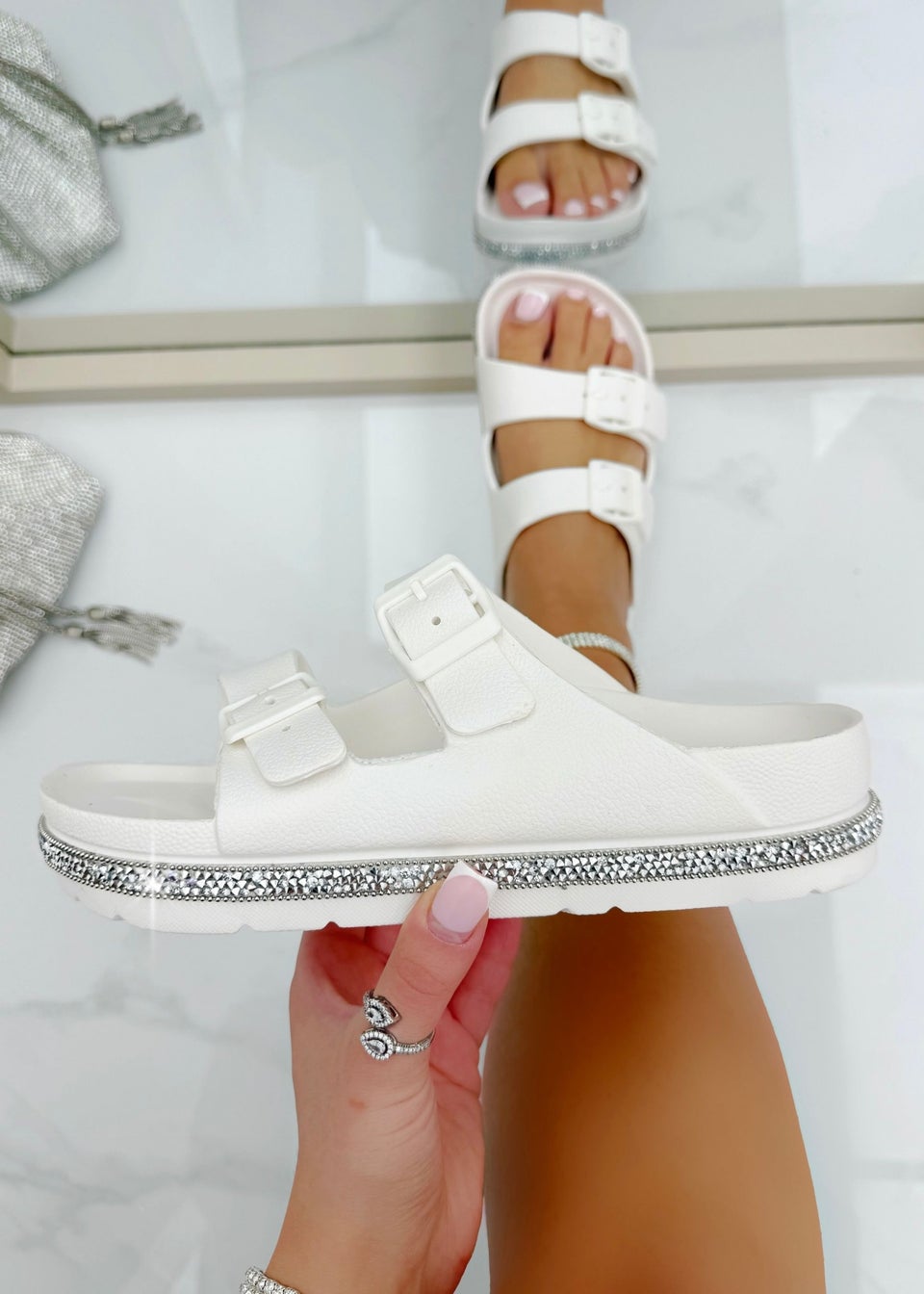 Love Lemonade White Crystal Trim Lightweight Double Strap Sliders
