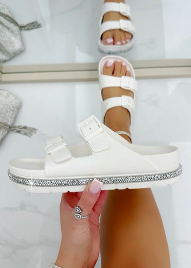 Love Lemonade White Crystal Trim Lightweight Double Strap Sliders