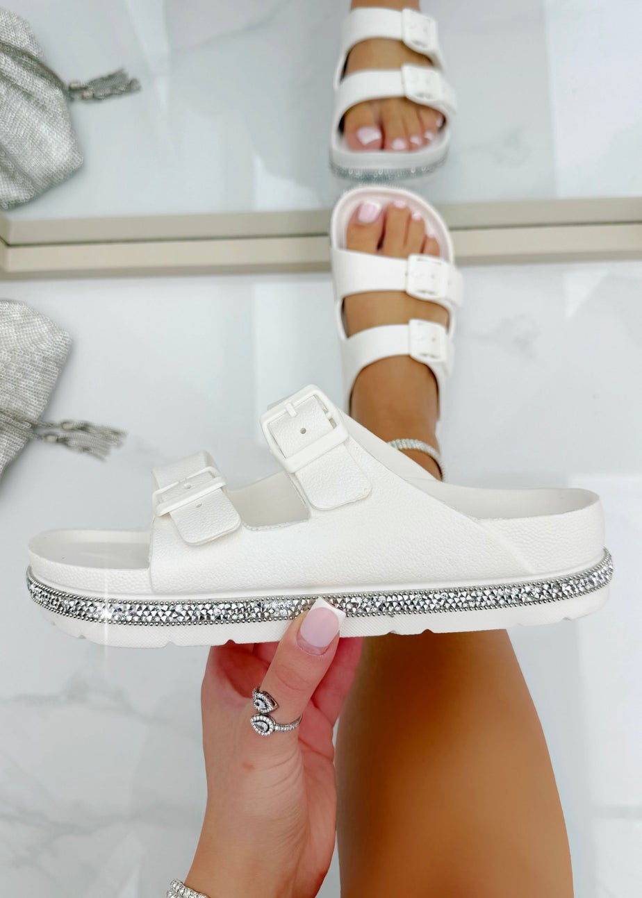 Love Lemonade White Crystal Trim Lightweight Double Strap Sliders