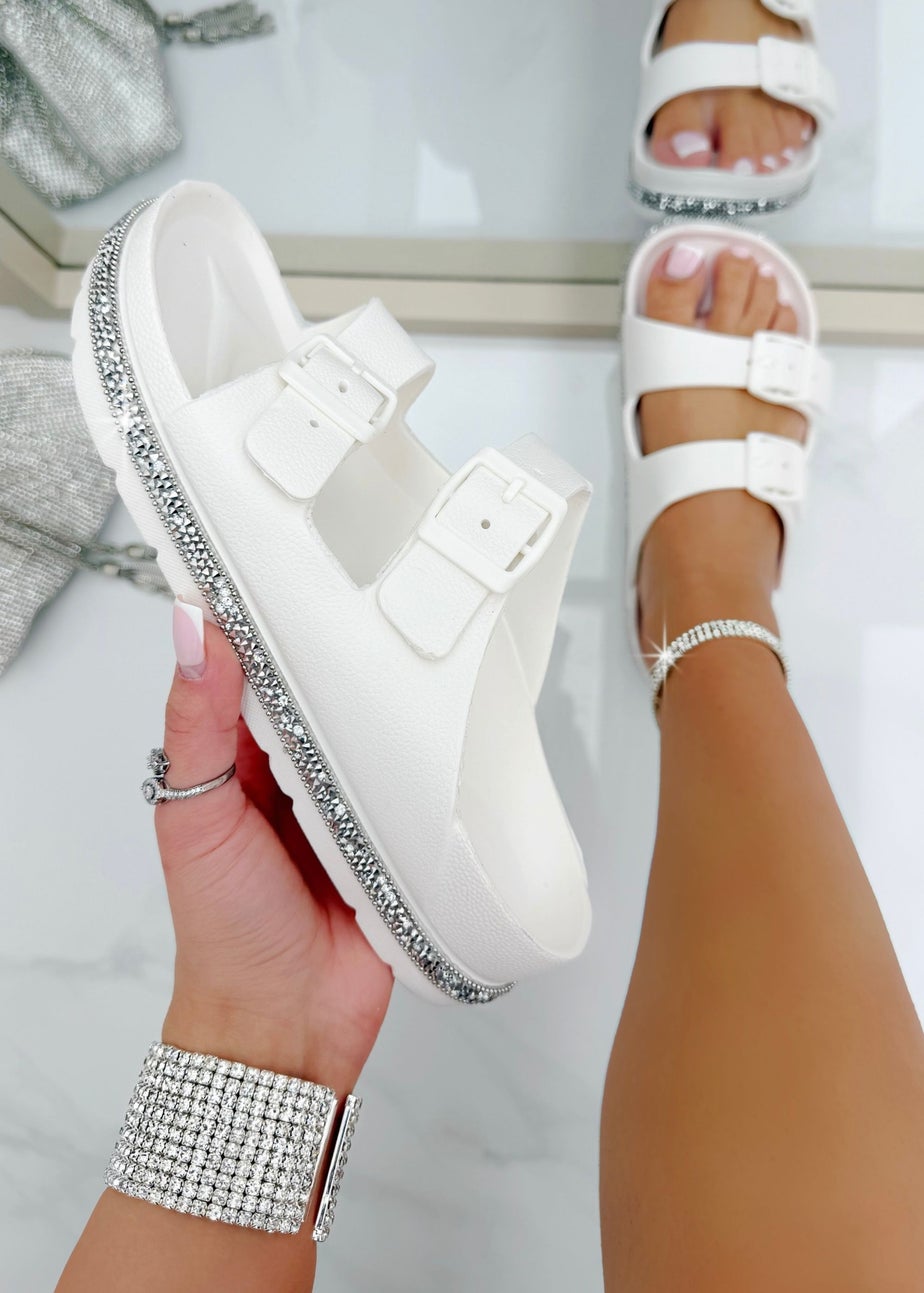 Love Lemonade White Crystal Trim Lightweight Double Strap Sliders